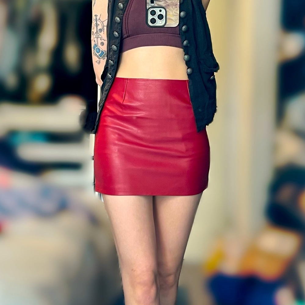 Red stretch leather mini skirt